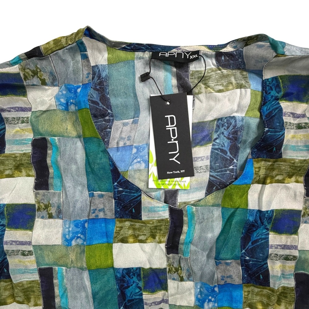 NWT APNY XXL Blue Green Mix Print V Neck Top 3/4 Sleeve Cupro Viscose - Picture 2 of 9
